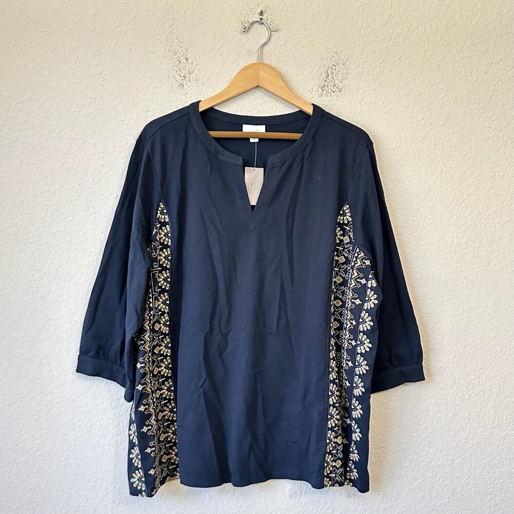 J.JILL PURE JILL Top Blouse Navy Blue Embroidered Cotton Boho NWT